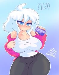 big_breasts eliza_(moonlightdrawinguwu) exposed_shoulders fully_clothed hand_on_breast looking_at_viewer moonlightdrawinguwu original soda_can white_hair white_shirt