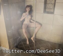 1girls 3d bathroom breasts brown_eyes brown_hair d.va deesee3d female female_only looking_at_viewer naked overwatch pussy shower solo