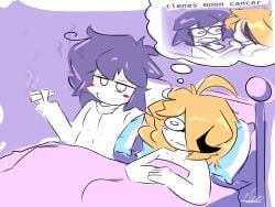 2males after_sex bed i_love_when_people_draw_ships_like_this_actually_(meme) male_only meme moon_(moonlightdrawinguwu) moonlightdrawinguwu nervous no_visible_genitalia original original_character purple_background purple_hair short_hair skinny smoking thinking toony