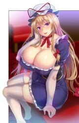 1girls :d blonde_hair blurry blurry_background blush bow breasts choker cleavage collarbone dress ebi_193 elbow_gloves female full_body gloves hair_between_eyes hair_bow hat hat_ribbon huge_breasts indoors long_hair looking_at_viewer mature_female milf mob_cap open_mouth puffy_short_sleeves puffy_sleeves purple_dress purple_eyes red_choker red_ribbon ribbon ribbon_choker short_sleeves sitting smile solo tagme thick_thighs thighhighs thighs touhou very_long_hair white_gloves white_headwear white_thighhighs wide_hips yakumo_yukari yukari_yakumo