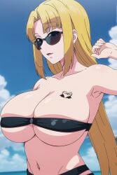 ai_generated ailucius777 beach bikini blonde_hair chloe_mansfield huge_breasts large_breasts long_hair micro_bikini shuumatsu_no_harem sunglasses tattoo