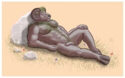 2016 abs anthro balls belly_hair biceps body_hair bovid caprine chest_hair flaccid flower foreskin genitals green_hair hair hairy hand_on_knee hand_on_leg happy_trail hooves horn knee_up kuzma_zolotov male male_focus male_only mammal manly misaligned mouflon muscular muscular_legs navel nipples nude pecs penis plant pubes rock sheep shoulder_hair sleeping solo solo_male triceps wild_sheep