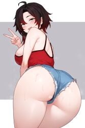 1girls ass bluefield booty_shorts breasts bubble_butt dat_ass female hi_res huge_ass large_breasts light-skinned_female light_skin perfect_legs red_hair ruby_rose rwby short_hair short_shorts shorts smile sweat tank_top thick_thighs thighs thighs_together