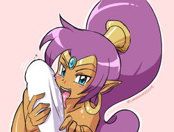 1girls bare_shoulders blue_eyes dark-skinned_female dark_skin fellatio genie holding_penis licking licking_penis linkerlewds looking_at_viewer nude oral pink_background purple_hair seductive seductive_look shantae shantae_(character) simple_background smooth_skin tagme tongue tongue_out unseen_male_face wayforward