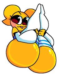 big_ass emoji emoji_(race) female holding_legs holding_legs_up jjoyplus katy_(jjoyplus) sticking_out_tongue thigh_socks white_background white_socks yellow_body yellow_skin