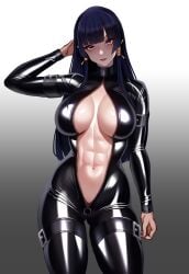 1girls abs big_breasts bodysuit breasts catsuit cleavage dead_or_alive hi_res latex latex_suit long_hair looking_at_viewer navel nyotengu purple purple_eyes purple_hair solo volyz wide_hips zipper_down