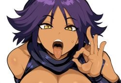 1girl ai_generated bleach bleach:_the_thousand-year_blood_war dark-skinned_female dark_skin facing_viewer fellatio_gesture female inviting_to_sex large_breasts looking_at_viewer mullon novelai open_mouth shihouin_yoruichi solo suggestive suggestive_gesture tongue upper_body uvula