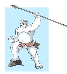 2019 4_toes 5_fingers anthro balls bear blush censored closed_eyes erection humanoid_penis hyenaface ineffective_censorship male male_only mammal melee_weapon mostly_nude muscular muscular_male nipples penis polar_bear polearm pose simple_background smile solo spear toes ursid ursine weapon