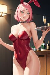 1girls ai_generated alcohol alternate_breast_size alternate_costume arm_support bare_arms bare_breasts bare_chest bare_shoulders big_breasts bijin_hahaoya bob_cut boruto:_naruto_next_generations bunny_ears bunny_girl bunnysuit cleavage detached_collar drink facial_mark fake_animal_ears forehead_mark glass green_eyes holding_object hourglass_figure huge_breasts indoors large_breasts leotard light-skinned_female light_skin mature mature_female milf nai_diffusion naruto naruto_(series) no_bra pink_hair revealing_clothes sakura_haruno skimpy skimpy_clothes slim_waist solo stable_diffusion strapless_leotard tray wide_hips