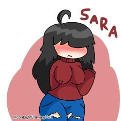 bangs_over_eyes black_hair blue_pants female fully_clothed light_skin moonlightdrawinguwu nipples_visible_through_clothing red_sweater ripped_pants sara_(moonlightdrawinguwu)