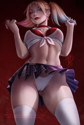 1girls blonde_hair breasts cameltoe cleavage dc female female_only harley_quinn_(cosplay) jeanette_voerman looking_at_viewer olchas panties skirt solo thighhighs twintails upskirt vampire_the_masquerade vampire_the_masquerade_bloodlines