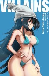 1girls aqua_bikini big_breasts bikini black_hair blue_eyes breasts busty child_bearing_hips cleavage english_text female female_only half-closed_eyes hand_on_leg hand_on_own_leg hand_on_own_thigh hand_on_thigh hat highres large_breasts legs navel original original_character pose posing reijisakamoto seductive seductive_look sensual side-tie_bikini_bottom sideboob solo swimsuit thick_thighs thighs thong_bikini voluptuous yuna_nate