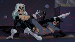 2girls accurate_art_style areolae artist_signature batman:_the_animated_series batman_(series) black_cat_(marvel) black_cat_(spider-man:_the_animated_series) blue_eyes bodysuit boots breasts catwoman catwoman_(dcau) claws crossover dc_comics dcau dedx erect_nipples exposed_breasts exposed_pussy felicia_hardy female female/female female_focus female_only gloves green_eyes happy_female heels horny_female large_breasts laser laser_beam lesbian lesbians looking_pleasured marvel marvel_comics mask multiple_girls muscular_female nipples pussy_juice red_lipstick selina_kyle spider-man:_the_animated_series spider-man_(series) torn_bodysuit torn_clothing tribadism villainess wet_pussy white_hair yuri