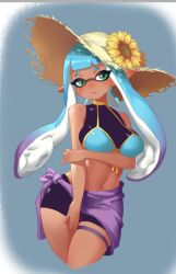 bikini blue_hair dark-skinned_female grabbing_arm green_eyes holding_arm inkling inkling_girl large_breasts little_blood multicolored_hair purple_hair sarong splatoon sun_hat sunflower swimsuit thigh_strap