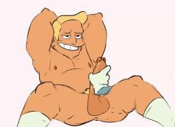 1boy animated blonde_hair futurama gloves handjob male_focus male_only masculine penis_grab presenting sandastrevor solo tagme video zapp_brannigan