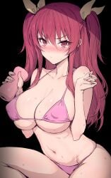 artificial_vagina bikini black_background blush breasts covered_nipples female hair_between_eyes haoni highres holding holding_sex_toy huge_breasts long_hair looking_at_viewer navel pink_bikini rakudai_kishi_no_cavalry red_eyes red_hair sex_toy solo stella_vermillion swewt swimsuit two_side_up