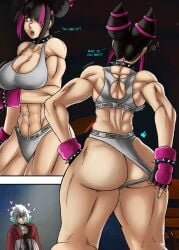 abs ass athletic athletic_female biceps big_ass big_breasts big_butt breasts capcom charge_sol cleavage clothed clothed_female clothed_male collar dyed_hair female female_focus juri_han male muscular muscular_female spiked_collar street_fighter street_fighter_6 tight_clothing tight_fit tight_underwear toned toned_female underwear video_game_character