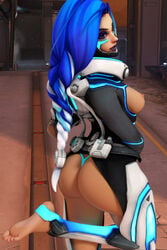 3d alternate_costume arhoangel ass big_ass big_butt blender blizzard_entertainment blue_hair braid breasts breasts_out clothing cyberspace_sombra dark-skinned_female dark_skin dat_ass feet female female_only medium_breasts multicolored_hair overwatch overwatch_2 panties sombra thong