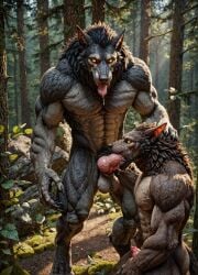 ai_generated blowjob canine couple cum cumming duo forest gay knot male_on_male muscular_male oral realistic solo werewolf wolf