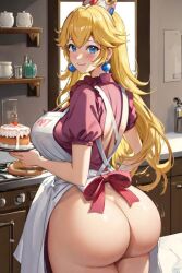 1girls ai_generated apron ass ass_focus baking big_ass big_breasts blonde_hair blue_eyes cake female female_only indoors long_hair looking_at_viewer looking_back mario_(series) nintendo princess_peach shirt solo standing