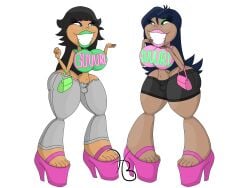 bimbo_lips dollification female guuurlz high_heels holdthebutter hourglass_figure huge_ass huge_breasts implied_transformation lips makeup permanent_smile post_transformation revealing_clothes smile thick_lips thick_thighs transformation wide_hips