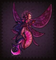 anthro arthropod arthropod_abdomen arthropod_abdomen_genitalia brown_body female genitals hi_res kardinaluz mandibles nipples nude pattern_background pink_lighting purple_eyes purple_nipples purple_tongue purple_wings simple_background solo tan_body tongue tongue_out wings