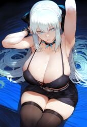 1girls 2d ai_generated armpits arms_up big_breasts blue_eyes breasts cleavage clothed fate/grand_order fate_(series) female female_only huge_breasts kaikoi morgan_le_fay_(fate) mostly_clothed stockings white_hair