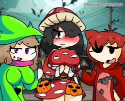 big_breasts black_hair brown_eyes brown_hair foxy_(cosplay) fully_clothed halloween may_(moonlightdrawinguwu) moon_(moonlightdrawinguwu) moonlightdrawinguwu pink_eyes ralsei_(cosplay) sara_(moonlightdrawinguwu)