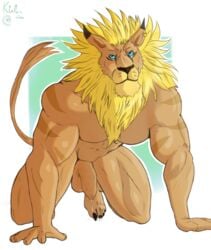 2019 anthro balls barazoku biceps blue_eyes claws cum digimon digimon_(species) ear_piercing felid feline foreskin fur hair hi_res humanoid_penis kirlanlion leomon lion male male_only mammal mane muscular muscular_male nude pantherine penis piercing simple_background solo uncut