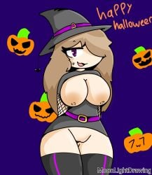 arm_stockings brown_hair exposed_breasts exposed_pussy halloween looking_at_viewer may_(moonlightdrawinguwu) moonlightdrawinguwu one_eye_obstructed pink_eyes smile witch_costume