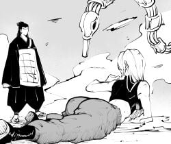 boots clothed clothed_female clothed_male dat_ass dingotoad garuda_(jujutsu_kaisen) jujutsu_kaisen kenjaku lying lying_down lying_on_ground marvel_reference rogue_dat_ass_(meme) suguru_geto yuki_tsukumo