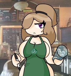 apron brown_hair coffee_shop holding_object i_mean_breast_milk may_(moonlightdrawinguwu) meme moonlightdrawinguwu one_eye_obstructed pink_eyes tagme tied_hair