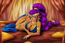 1girls arabian_clothes armlet bikini blue_bikini blue_eyes blue_nails braid breasts choker cleavage collarbone commentary curtains dancer_outfit dancer_shantae dark-skinned_female dark_skin earrings english_commentary female harem_outfit jewelry large_breasts linkerlewds long_braid long_hair lying nail_polish on_side pointy_ears purple_hair shantae shantae_(character) single_braid smooth_skin solo swimsuit thighlet very_long_hair wayforward