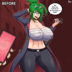 1girls armpits bandaged_chest big_breasts breasts busty curvaceous curvy curvy_body curvy_female curvy_figure delinquent english english_text female green_hair huge_breasts large_breasts normi original original_character pants smartphone sunglasses sunglasses_on_head text voluptuous