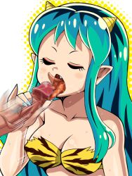 1girls female female_focus green_hair horn light_skin long_hair lum orange_eyes penis penis_grab penis_lick pointy_ears t-zok urusei_yatsura