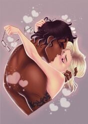 2d_(artwork) angela_ziegler blizzard_entertainment dark-skinned_male gabriel_reyes glasses kissing light-skinned_female mercy naked overwatch overwatch_2 reaper