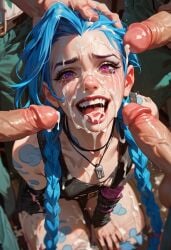 1girls 3boys ai_generated blowbang blue_hair bukkake crying_with_eyes_open jinora12345 jinx_(league_of_legends) kneeling league_of_legends riot_games