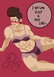 big_areola big_balls big_balls_small_penis big_breasts big_nipples breasts_out clone_high gay jfk_(clone_high) lingerie lingerie_only muscular_male plastic_yan shy shy_smile small_penis small_penis_humiliation