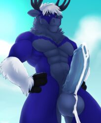 anthro antlers balls big_balls big_penis body_hair capreoline cervid cum cum_drip cum_on_balls cum_on_penis dripping erection fur hair happy_trail hi_res horn humanoid_penis looking_at_viewer male male_only mammal muscular muscular_male nude penis reindeer seibear solo standing vein