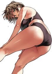 1girls ass ass_focus ass_up bent_over black_panties black_sports_bra brown_hair commentary female female_focus green_eyes heavy_breathing highres kekemotsu looking_at_viewer looking_back midriff original panties round_ass short_hair simple_background solo sports_bra standing sweat underwear white_background