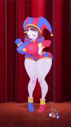 1girls animated big_breasts breasts female female_only full_body jester_hat nipples_visible_through_clothing pomni pomni_(the_amazing_digital_circus) solo solo_female the_amazing_digital_circus thick_thighs thighs tortachan