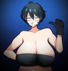 1girls 30th_video_rentals alternate_breast_size bedroom_eyes big_breasts black_hair blush bra breasts breasts_bigger_than_head busty chuuko_rental cleavage closed_eyes clothing color curvy female female_only gigantic_breasts grin half-closed_eyes huge_breasts hyper hyper_breasts indie_virtual_youtuber jumpsuit kataochi_chuuko kataoti_30 large_breasts light-skinned_female light_skin looking_at_viewer massive_breasts nakako_kataochi plump posing short_hair simple_background smile solo thick_ass thumbs_up top_heavy virtual_youtuber vtuber