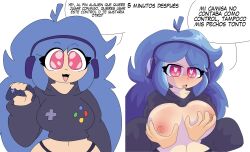 big_breasts blue_hair comic grace_(moonlightdrawinguwu) groping headphones heart-shaped_pupils hoodie long_hair moonlightdrawinguwu original pink_eyes playstation_controller shaded spanish_text