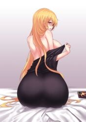 1girls ^^^ ass ass_focus bare_shoulders black_dress blonde_hair breasts commentary_request dress female gradient_background grey_background headdress highres hip_focus huge_ass indoors junko_(touhou) koissa large_breasts long_hair looking_at_viewer looking_back mature_female milf parted_lips profile red_eyes sitting smile solo tagme touhou undressing unworn_headwear very_long_hair white_background wide_hips