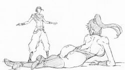 1boy 1girls askin_nakk_le_vaar black_and_white bleach clothed clothed_female clothed_male dat_ass female lying lying_down lying_on_ground male marvel_reference monochrome ponytail rakusakugk rogue_dat_ass_(meme) shihouin_yoruichi sketch white_background