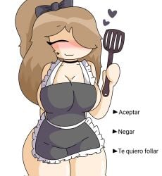 apron brown_hair decision heart long_hair may_(moonlightdrawinguwu) moonlightdrawinguwu smile spatula tied_hair