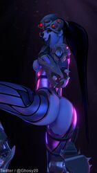 1girls 3d ass blue_hair breasts female female_only ghosy long_hair looking_back overwatch pussy solo widowmaker