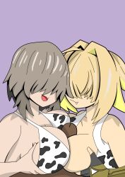 1boy 2girls :3 :d absurdres animal_print artist_request asymmetrical_docking bikini black_skin blonde_hair breast_hold breast_press breasts breasts_squeezed_together colored_skin cooperative_paizuri cow_print cow_print_bikini crossover dark-skinned_male dark_skin elegg_(nikke) female fingerless_gloves gauntlets gloves goddess_of_victory:_nikke grey_hair hair_covering_eyes hair_over_eyes highres large_breasts male multiple_girls oerba_yun_fang one_breast_out oshiifans paizuri penis pov pov_crotch print_bikini single_fingerless_glove single_gauntlet skin_fang smile straight swimsuit trait_connection uncensored unseen_male_face uzaki-chan_wa_asobitai! uzaki_yanagi