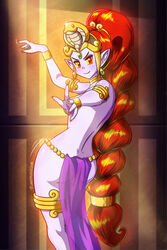 1girls arabian_clothes ass back bare_back braid breasts covered_breasts covering covering_breasts dancer dancer_outfit dancer_shantae dancing dark_persona dimples_of_venus evil_grin female female_only genie half-closed_eyes harem_outfit highres linkerlewds looking_at_viewer midriff nega-shantae purple_skin red_eyes red_hair seductive shantae sideboob smooth_skin solo standing thick_thighs thighs topless wayforward