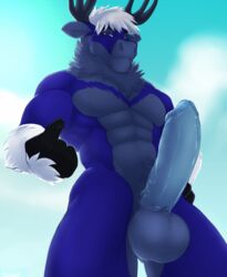 anthro antlers balls beckoning big_balls big_penis capreoline cervid erection fur hair hi_res horn humanoid_penis looking_at_viewer male male_only mammal muscular muscular_male nude penis reindeer seibear solo standing vein